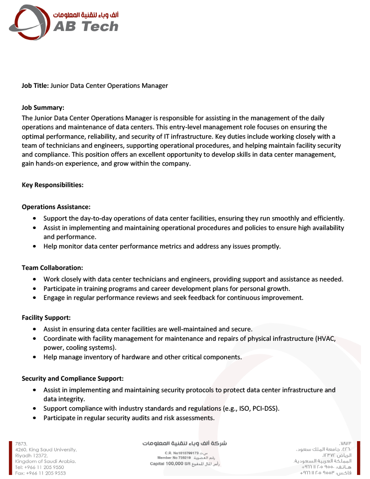 Junior Data Center Operations Manager