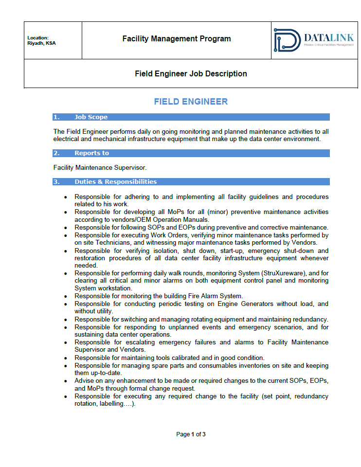 Field Engineer Job Description