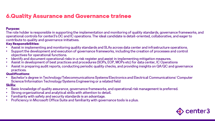Quality Assurance and Governance trainee